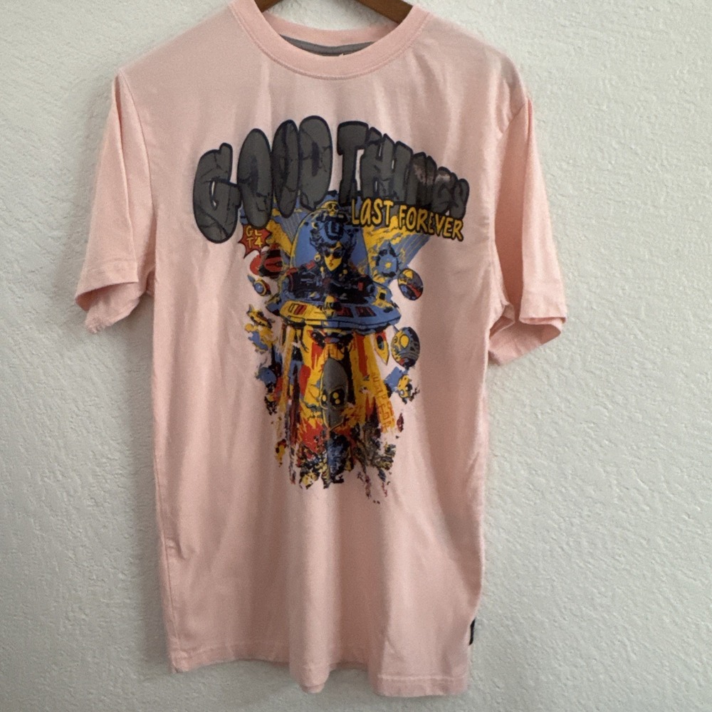 GTL4 Good Things Last Forever Alien UFO Graphic T-Shirt Peach Size L Streetwear